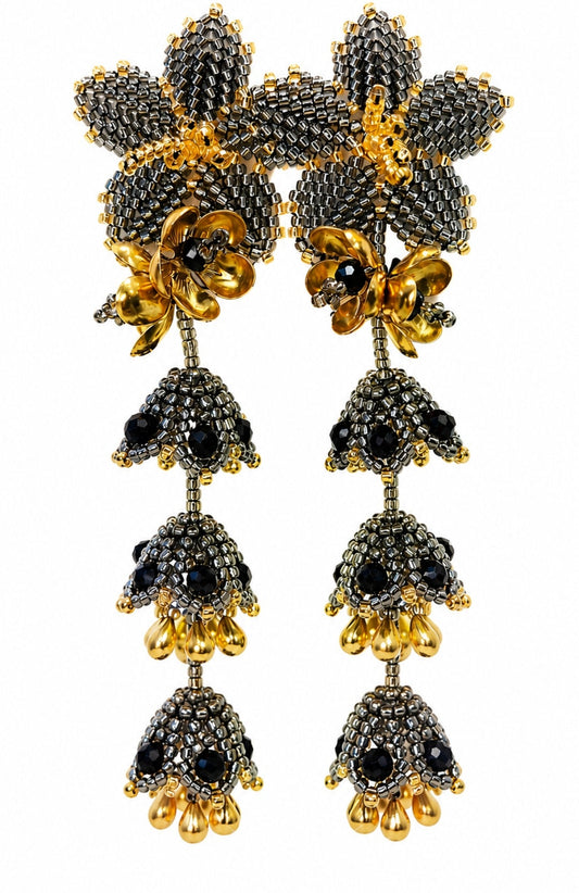Aros mujer largos con forma de flor color Negro | Camaleón